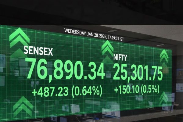 शेयर बाजार में हल्की तेजी: सेंसेक्स 487 अंक बढ़ा, निफ्टी 25,300 के ऊपर बंद हुआ