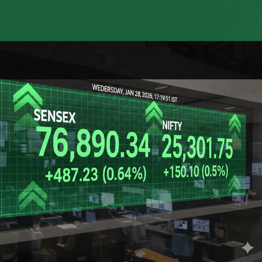 शेयर बाजार में हल्की तेजी: सेंसेक्स 487 अंक बढ़ा, निफ्टी 25,300 के ऊपर बंद हुआ