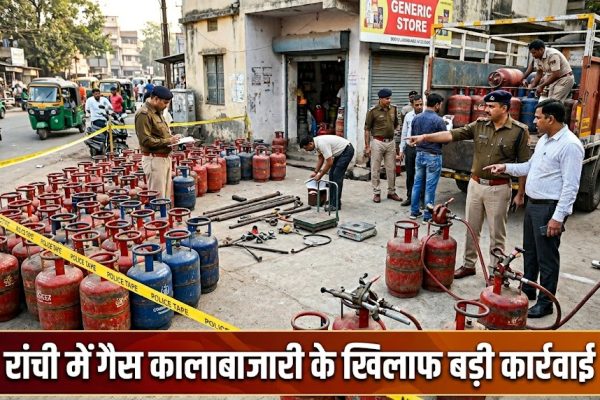 रांची में गैस कालाबाजारी पर छापेमारी के दौरान जब्त किए गए सिलेंडर और उपकरण