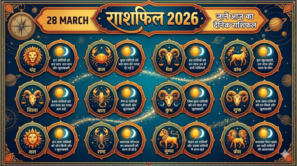 28 मार्च 2026 का राशिफल दर्शाता राशियों के अनुसार दैनिक भविष्यफल