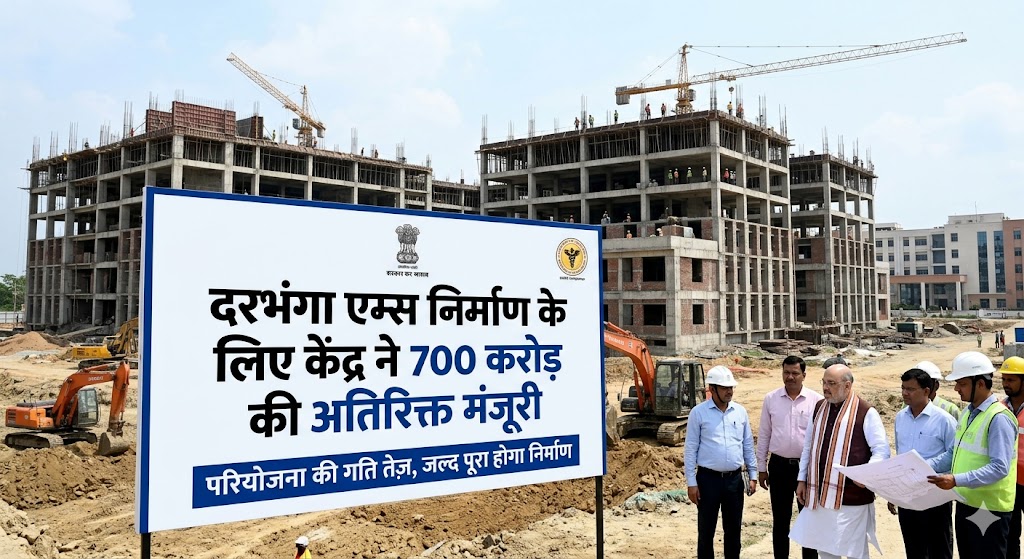 दरभंगा एम्स निर्माण स्थल जहाँ 750 बेड का अस्पताल और सुपर स्पेशलिटी चिकित्सा विभाग विकसित किए जा रहे हैं।