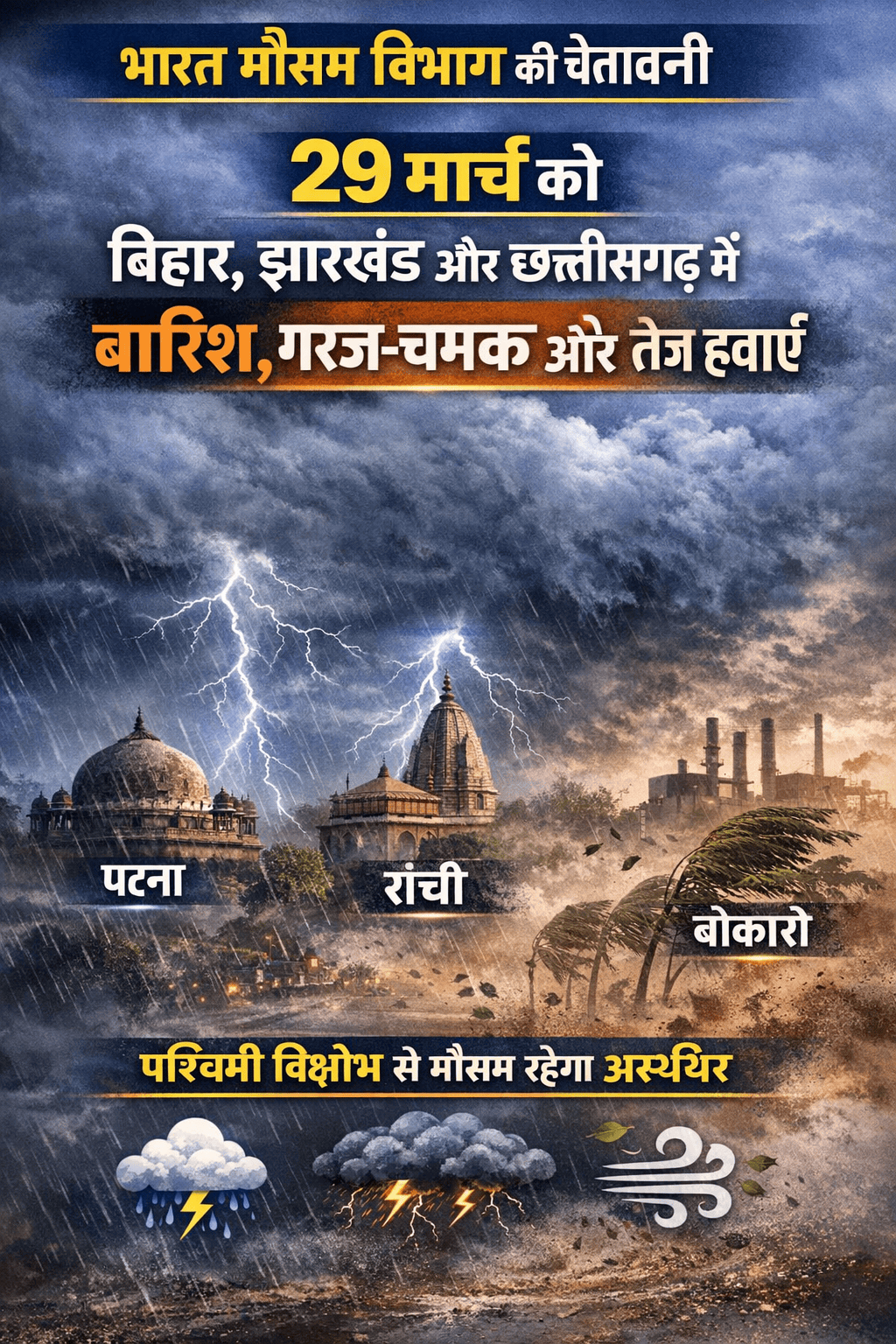 पटना शहर के ऊपर घने बादल और तेज हवाओं के साथ बारिश का दृश्य