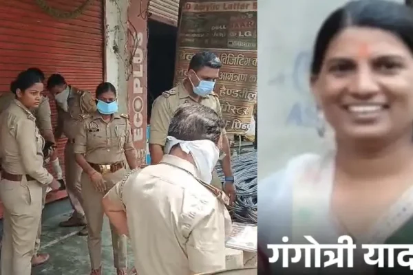 गोरखपुर में बंद फ्लेक्स प्रिंटिंग दुकान से शव मिलने के बाद जांच करती पुलिस टीम