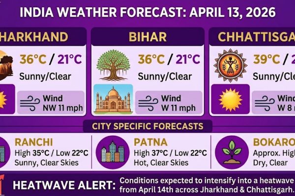 13 अप्रैल 2026 को झारखंड, बिहार और छत्तीसगढ़ में बढ़ते तापमान और साफ मौसम का पूर्वानुमान