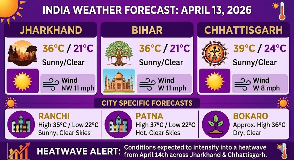 13 अप्रैल 2026 को झारखंड, बिहार और छत्तीसगढ़ में बढ़ते तापमान और साफ मौसम का पूर्वानुमान