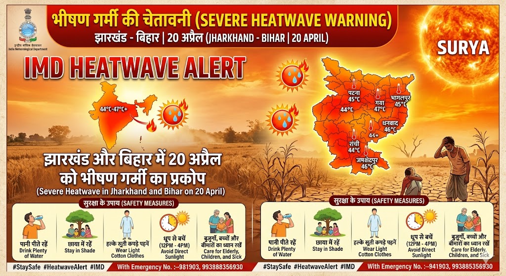 IMD हीटवेव अलर्ट 20 अप्रैल 2026 झारखंड बिहार और पूर्वी भारत में भीषण गर्मी की चेतावनी