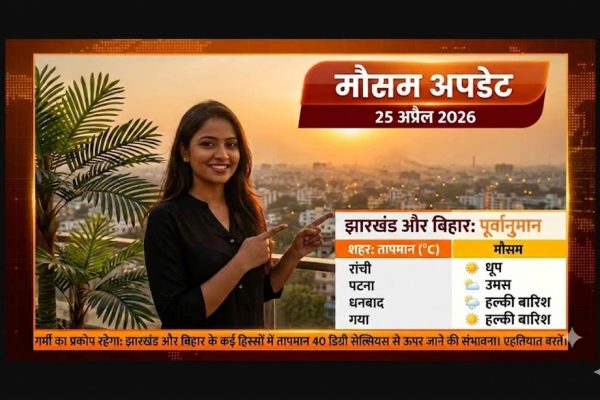 झारखंड, बिहार और आसपास के शहरों के लिए तापमान पूर्वानुमान दर्शाने वाला एक मौसम मानचित्र।