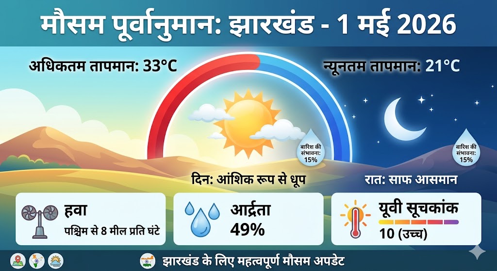 1 मई 2026 को पूरे झारखंड राज्य में आंशिक रूप से धूप वाले मौसम की स्थिति का दृश्य।