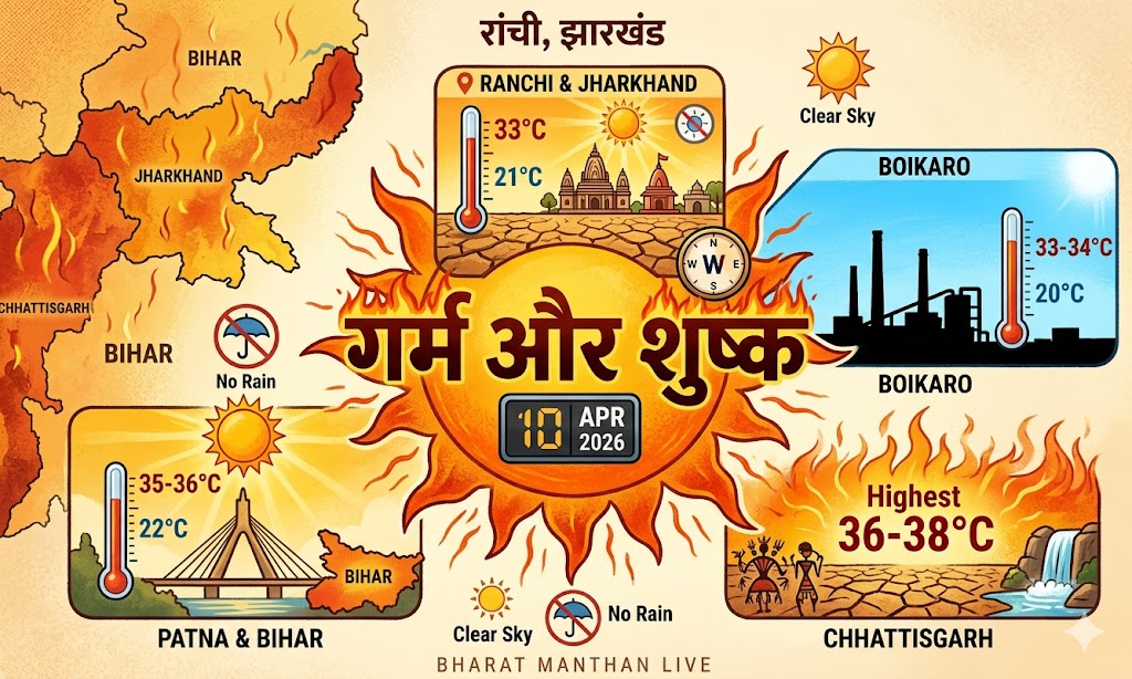 10 अप्रैल 2026 रांची और झारखंड में साफ और गर्म मौसम का दृश्य