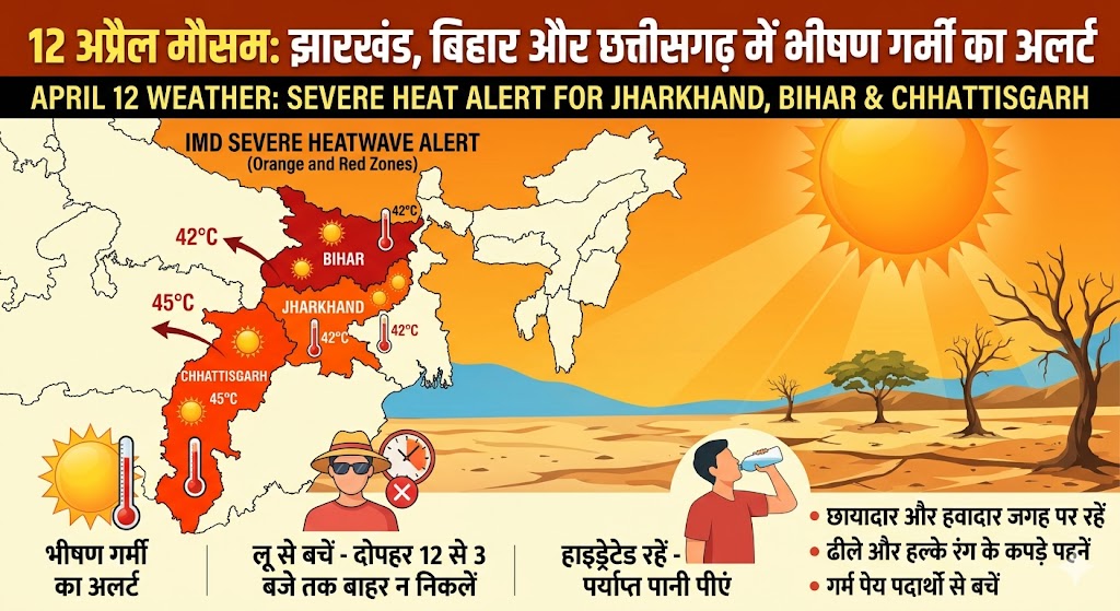 12 अप्रैल मौसम पूर्वानुमान में झारखंड बिहार और छत्तीसगढ़ में भीषण गर्मी का असर