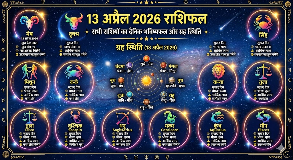 13 अप्रैल 2026 को ग्रह-नक्षत्रों की स्थिति और सभी राशियों के दैनिक राशिफल का ज्योतिषीय दृश्य