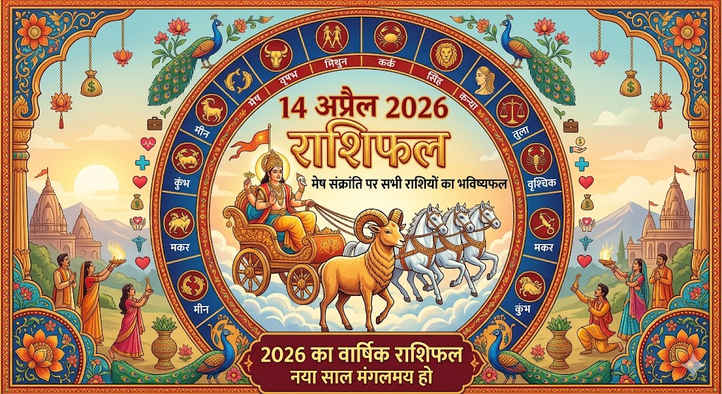 14 अप्रैल 2026 मेष संक्रांति पर सभी राशियों के राशिफल का ज्योतिषीय चार्ट