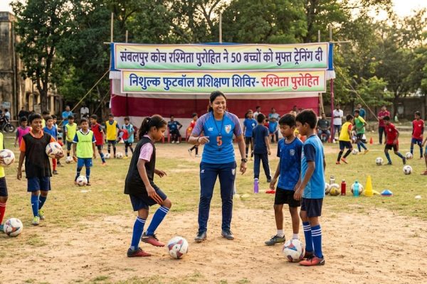 संबलपुर में रश्मिता पुरोहित द्वारा बच्चों को खेल प्रशिक्षण देते हुए दृश्य