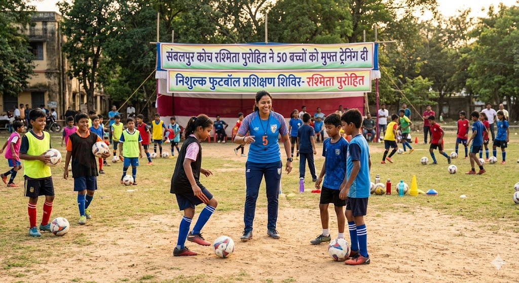 संबलपुर में रश्मिता पुरोहित द्वारा बच्चों को खेल प्रशिक्षण देते हुए दृश्य