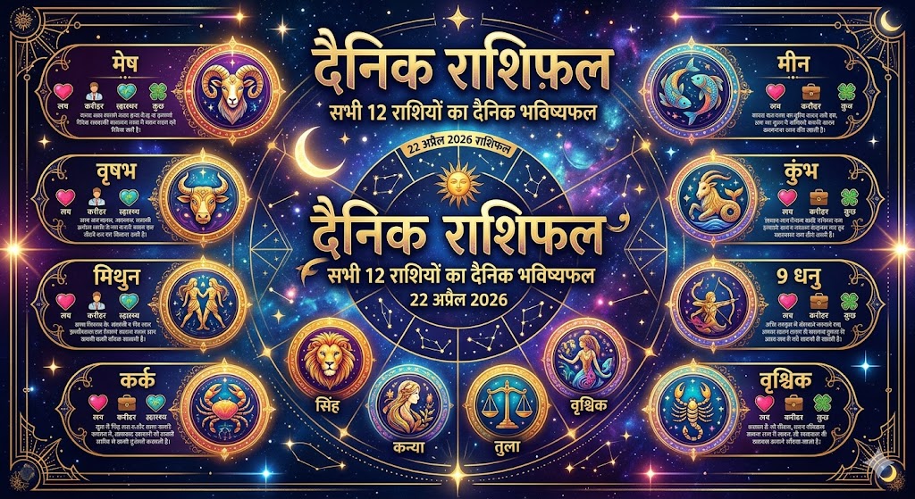 22 अप्रैल 2026 राशिफल में सभी 12 राशियों का दैनिक ज्योतिषीय भविष्यफल और ग्रह स्थिति