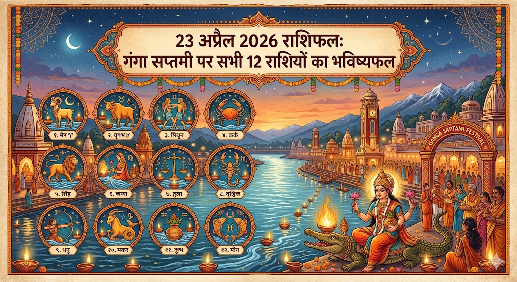 गंगा सप्तमी के दिन 23 अप्रैल 2026 को सभी 12 राशियों का दैनिक राशिफल दर्शाता ज्योतिषीय चार्ट