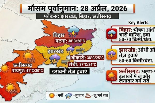 भीषण गर्मी और आने वाले तूफान के संकेत देते हुए एक शहरी आकाश का दृश्य।