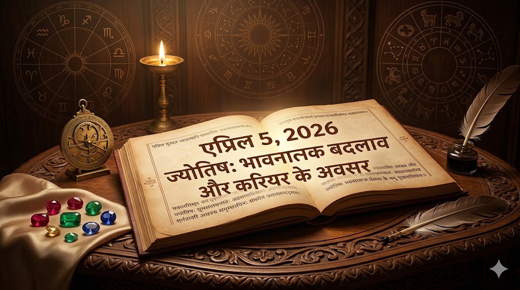 एप्रिल 5, 2026 के लिए ज्योतिष चार्ट, सूर्य-जुपिटर चौरस और वृश्चिक राशि चंद्रमा गोचर दिखाते हुए