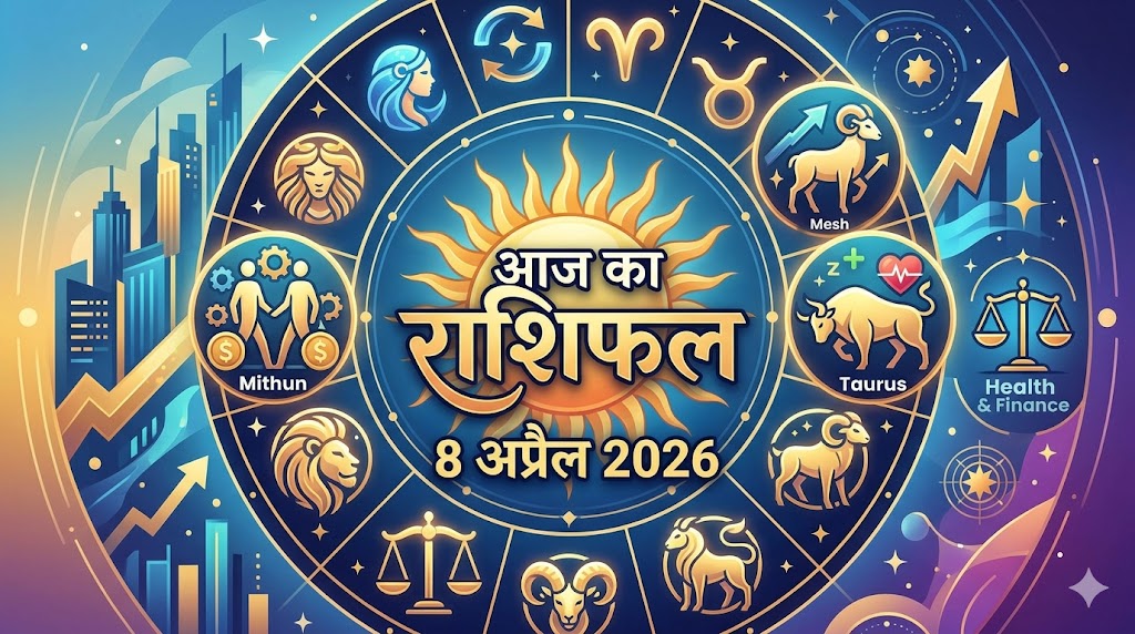 8 अप्रैल 2026 का राशिफल दर्शाते हुए सभी 12 राशियों के प्रतीक चिन्ह