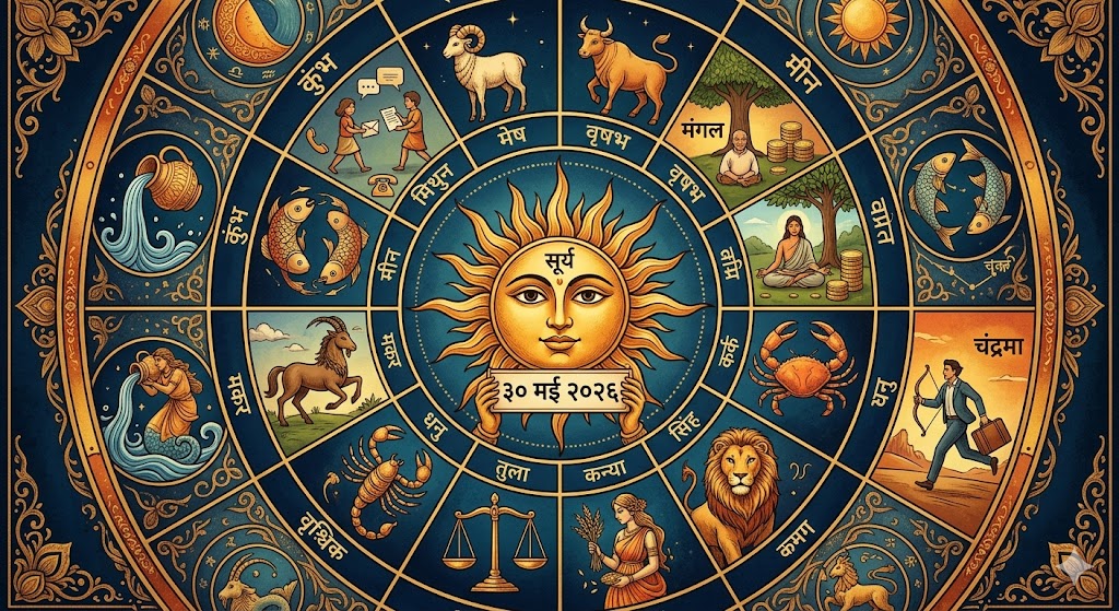 मई 30 के लिए दैनिक राशिफल और ग्रहों की स्थितियों को विस्तार से दर्शाता हुआ एक वैचारिक ज्योतिषीय चार्ट