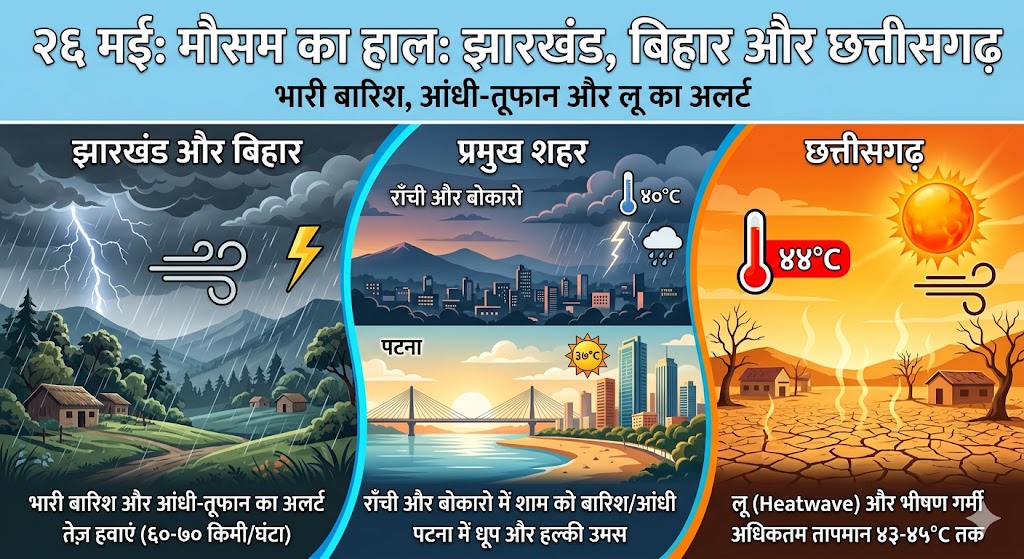 बिहार और झारखंड के क्षेत्रों में मौसम विभाग के अलर्ट के बीच घने काले बादल और तेज हवाएं।