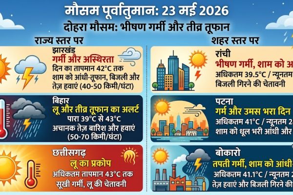 तीव्र लू और गंभीर आंधी-तूफान के लिए जारी पूर्वी भारत मौसम अलर्ट को दर्शाता हुआ मानचित्र।