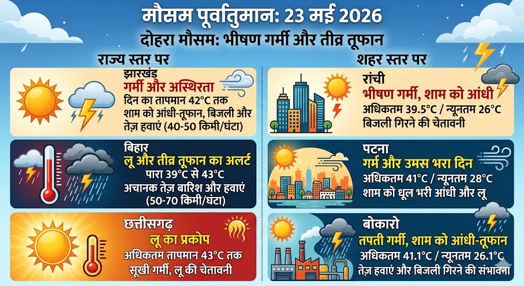 तीव्र लू और गंभीर आंधी-तूफान के लिए जारी पूर्वी भारत मौसम अलर्ट को दर्शाता हुआ मानचित्र।