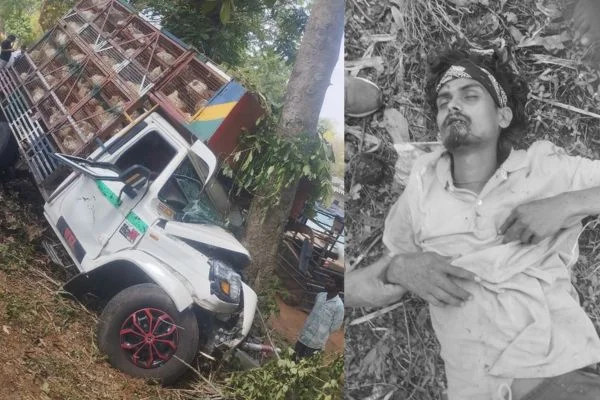 खूंटी के तिल्मी जंगल के पास सड़क हादसा, जहां पिकअप वाहन पेड़ से टकरा गया।