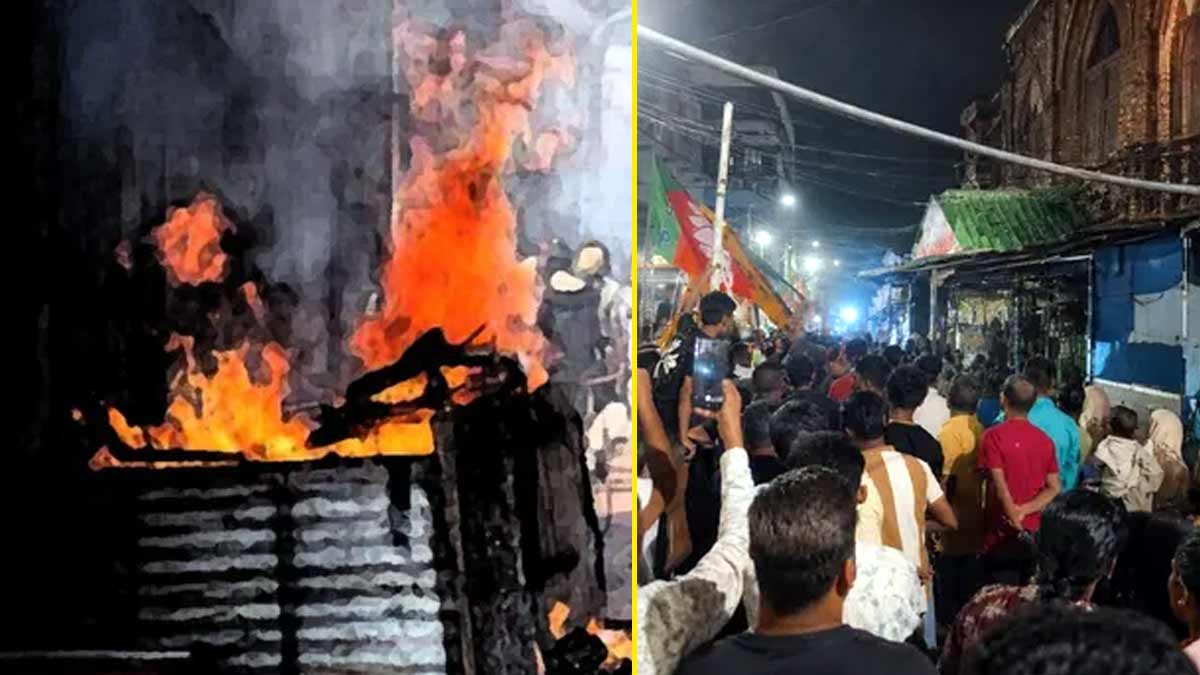 कोलकाता के न्यू मार्केट में तृणमूल कांग्रेस कार्यालय पर हमले के बाद नुकसान का जायजा लेते पार्टी कार्यकर्ता।