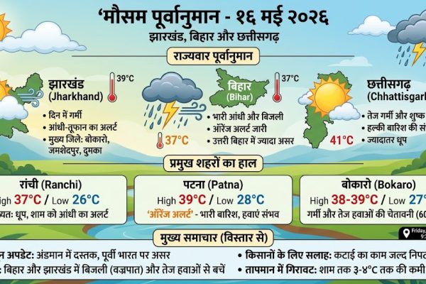 बिहार और झारखंड में 16 मई को बारिश और वज्रपात का ऑरेंज अलर्ट, आईएमडी की चेतावनी।
