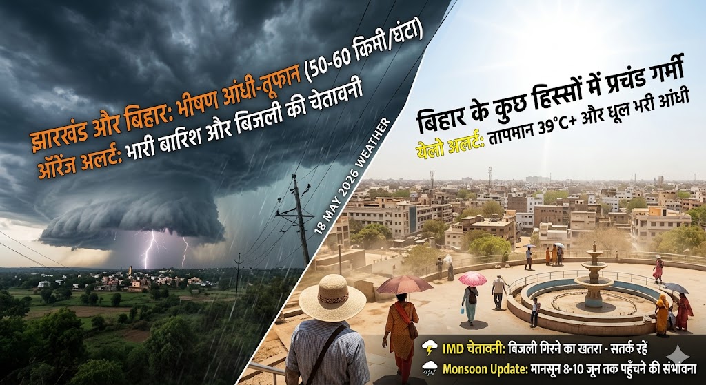 झारखंड और बिहार में मौसम विभाग द्वारा जारी भारी बारिश और आंधी तूफान का ऑरेंज अलर्ट।