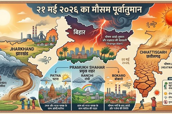 झारखंड और बिहार में मौसम विभाग द्वारा जारी आंधी-तूफान और वज्रपात के अलर्ट की सांकेतिक रूपरेखा।