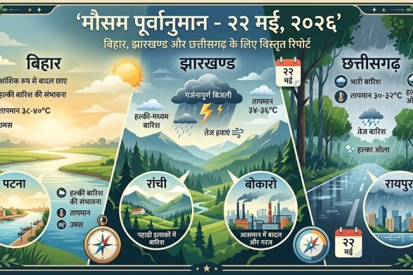22 मई 2026 को झारखंड, बिहार और छत्तीसगढ़ में हीटवेव और उमस को लेकर मौसम विभाग का पूर्वानुमान।