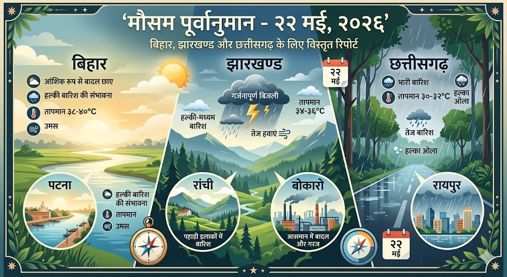22 मई 2026 को झारखंड, बिहार और छत्तीसगढ़ में हीटवेव और उमस को लेकर मौसम विभाग का पूर्वानुमान।