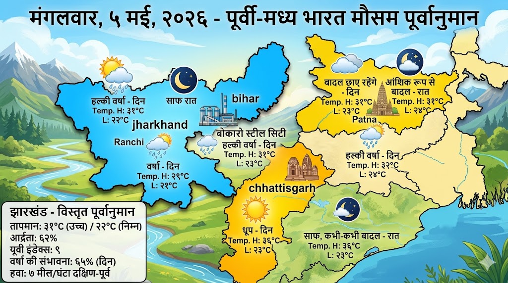 5 मई 2026 को झारखंड के लिए विस्तृत मौसम पूर्वानुमान और तापमान अपडेट।