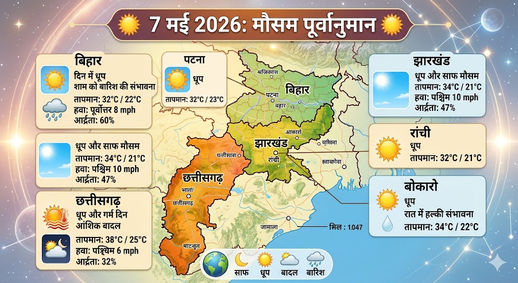 7 मई 2026 के लिए झारखंड और बिहार में मौसम के तापमान और धूप का दृश्य।