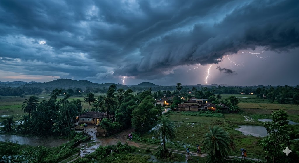 : झारखंड, बिहार और छत्तीसगढ़ के लिए आंधी और बारिश की चेतावनी दर्शाने वाला मानचित्र।