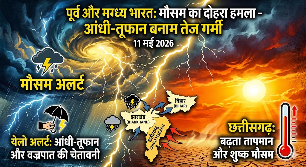 बिहार और झारखंड में बिजली गिरने की चेतावनी के साथ मानसून पूर्व बारिश का दृश्य।