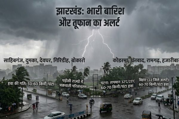 भारी बारिश और तूफान के अलर्ट के दौरान शहर के ऊपर आसमान में छाए घने बादल।
