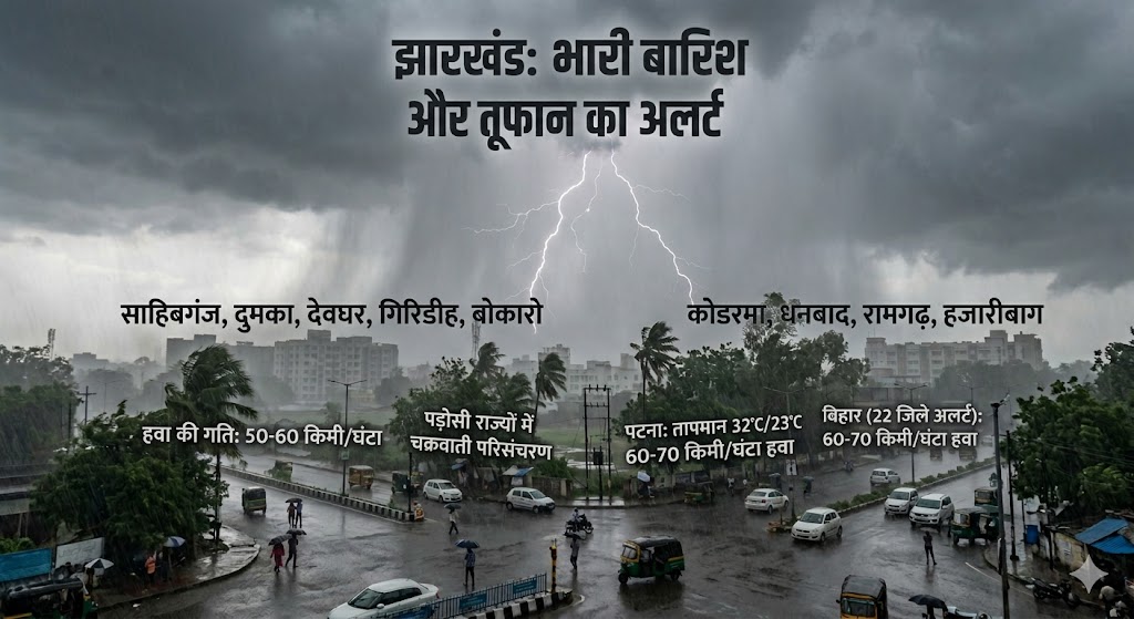 भारी बारिश और तूफान के अलर्ट के दौरान शहर के ऊपर आसमान में छाए घने बादल।