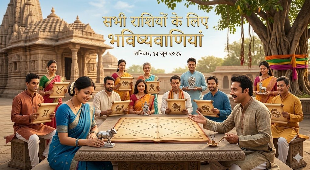 आज का राशिफल 13 जून 2026 को ग्रहों के गोचर और गौरी योग के प्रभाव को दर्शाता चक्र