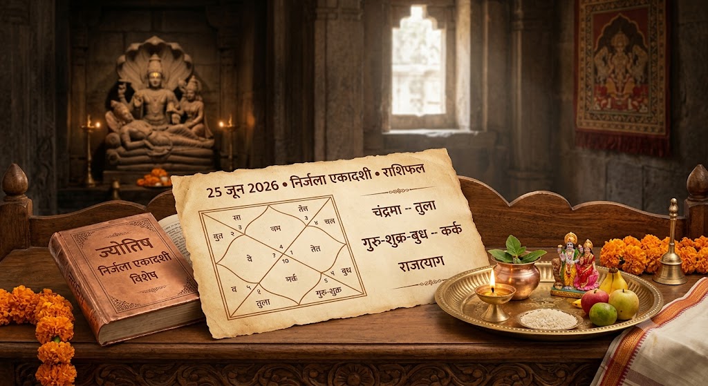 निर्जला एकादशी 2026 राशिफल के अंतर्गत ग्रहों के गोचर और राजयोगों की गणना को दर्शाता एक प्रतीकात्मक चित्र।