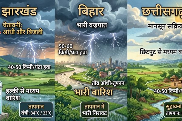 झारखंड, बिहार और छत्तीसगढ़ में दक्षिण-पश्चिम मानसून के आगमन पर गरज-चमक के साथ होती भारी बारिश।