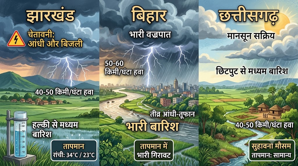 झारखंड, बिहार और छत्तीसगढ़ में दक्षिण-पश्चिम मानसून के आगमन पर गरज-चमक के साथ होती भारी बारिश।