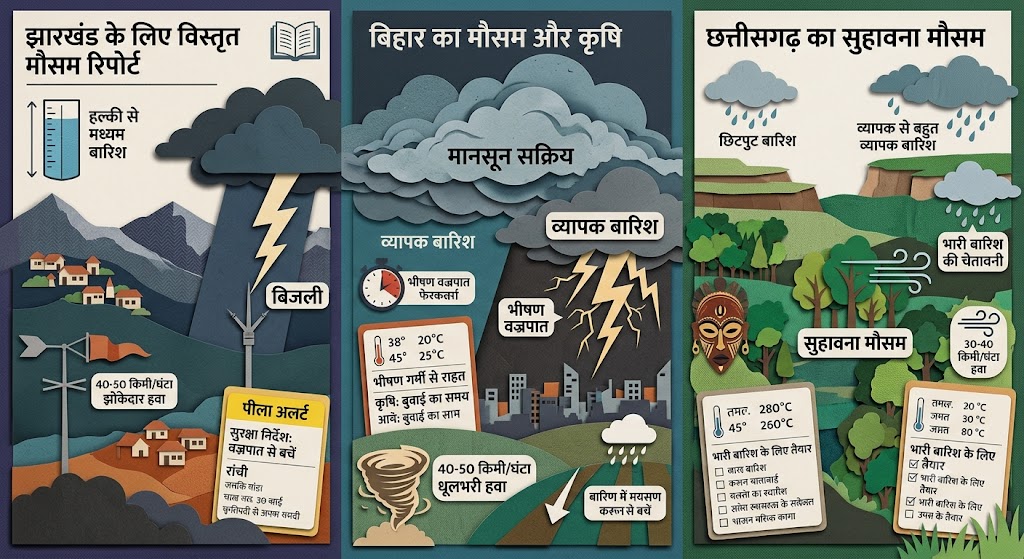 झारखंड, बिहार और छत्तीसगढ़ में 27 जून को सक्रिय मानसून के कारण गरज-चमक के साथ होती भारी बारिश।