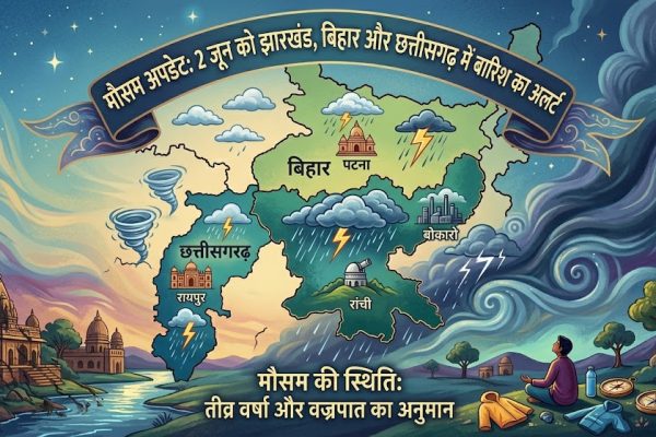 2 जून को झारखंड, बिहार और छत्तीसगढ़ में काले बादल और बारिश के अलर्ट को दर्शाती रांची मौसम की ताजा जानकारी (अपडेट)।