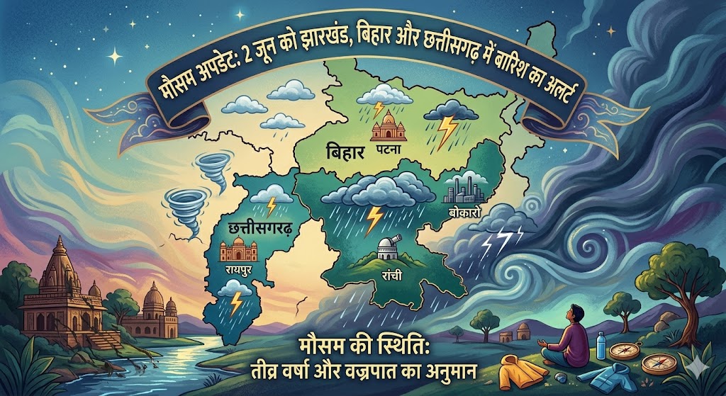 2 जून को झारखंड, बिहार और छत्तीसगढ़ में काले बादल और बारिश के अलर्ट को दर्शाती रांची मौसम की ताजा जानकारी (अपडेट)।