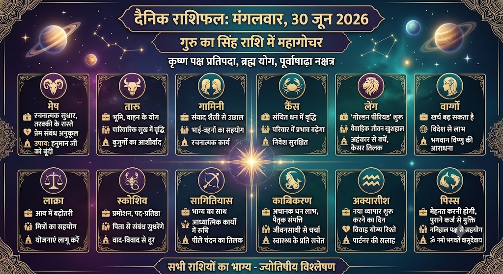 30 जून 2026 को सिंह राशि में गुरु का महागोचर, ब्रह्म योग के महासंयोग में सभी 12 राशियों का राशिफल।