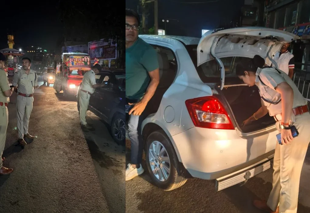 रांची के सुजाता चौक पर देर रात ब्रेथ एनालाइजर से वाहन चालकों की चेकिंग करती ट्रैफिक पुलिस