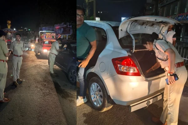 रांची के सुजाता चौक पर देर रात ब्रेथ एनालाइजर से वाहन चालकों की चेकिंग करती ट्रैफिक पुलिस